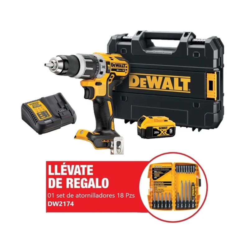 Taladro Percutor 1/2" 20V XR + Batería + Cargador + Set para Atornilladores 18 piezas + Ma